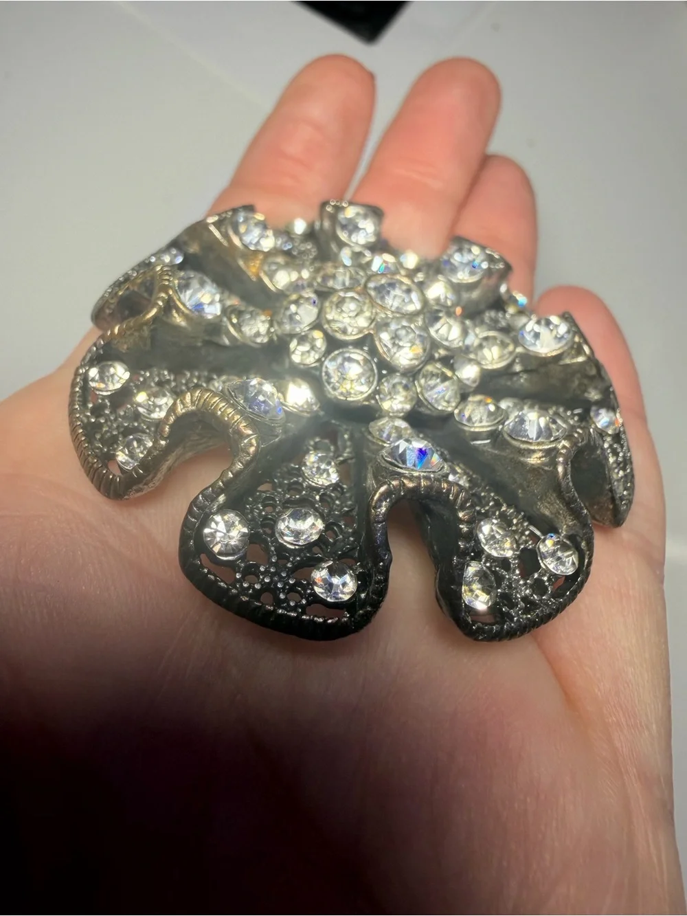 Rhinestone Floral Statement Brooch - Silver Tone